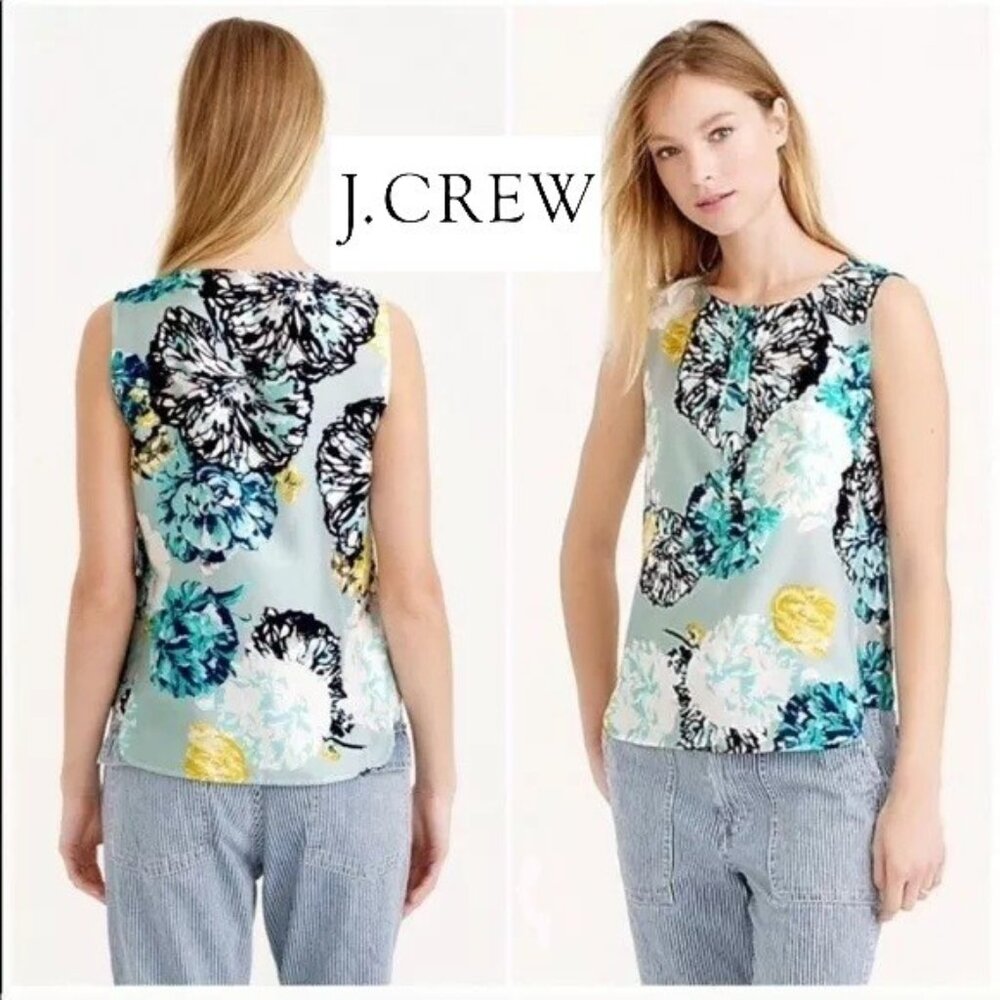 J.Crew sleeveless silk top, aquatic floral blouse Size 2